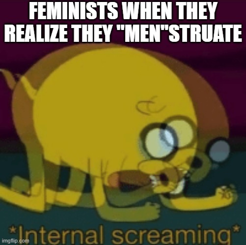 The English language winning over feminism again | FEMINISTS WHEN THEY REALIZE THEY "MEN"STRUATE | image tagged in jake the dog internal screaming,triggered feminist,memes,dank memes,spicy memes,adventure time | made w/ Imgflip meme maker