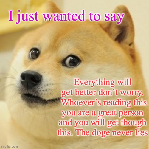 Everything will be all right | I just wanted to say; Everything will get better don’t worry.  Whoever’s reading this you are a great person and you will get though this. The doge never lies | image tagged in memes,doge | made w/ Imgflip meme maker