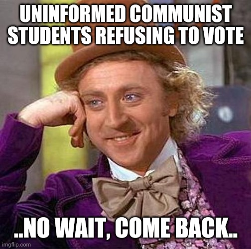 Creepy Condescending Wonka Meme | UNINFORMED COMMUNIST STUDENTS REFUSING TO VOTE ..NO WAIT, COME BACK.. | image tagged in memes,creepy condescending wonka | made w/ Imgflip meme maker