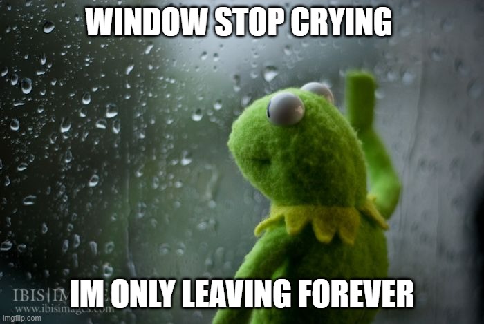 kermit window |  WINDOW STOP CRYING; IM ONLY LEAVING FOREVER | image tagged in kermit window | made w/ Imgflip meme maker