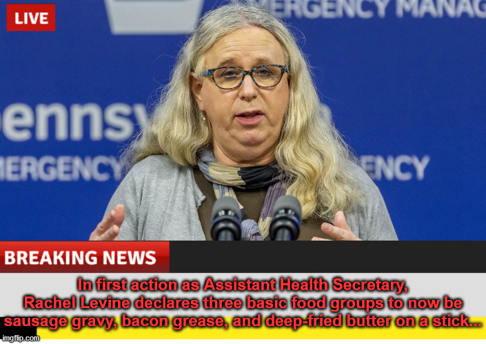 Health | In first action as Assistant Health Secretary, Rachel Levine declares three basic food groups to now be sausage gravy, bacon grease, and deep-fried butter on a stick... | image tagged in rachel levine,health secretary | made w/ Imgflip meme maker