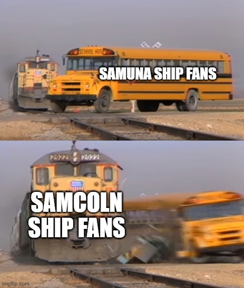 ship lincoln loud and sam sharp | SAMUNA SHIP FANS; SAMCOLN SHIP FANS | image tagged in a train hitting a school bus | made w/ Imgflip meme maker