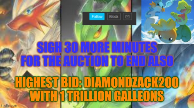 hoenn mega starters announcement | SIGH 30 MORE MINUTES FOR THE AUCTION TO END ALSO; HIGHEST BID: DIAMONDZACK200 WITH 1 TRILLION GALLEONS | image tagged in hoenn mega starters announcement | made w/ Imgflip meme maker