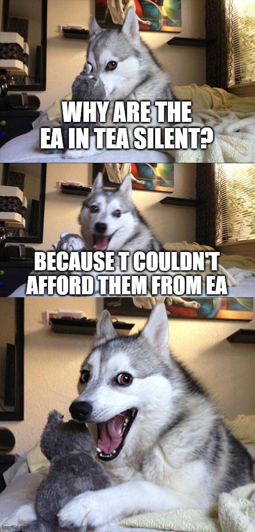 A very bad pun | WHY ARE THE EA IN TEA SILENT? BECAUSE T COULDN'T AFFORD THEM FROM EA | image tagged in memes,bad pun dog,ea,tea | made w/ Imgflip meme maker
