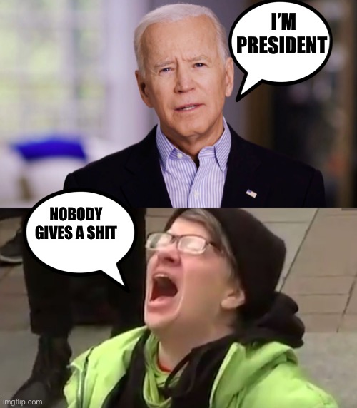 Nobody Cares | I’M PRESIDENT; NOBODY GIVES A SHIT | image tagged in joe biden 2020,screaming liberal | made w/ Imgflip meme maker