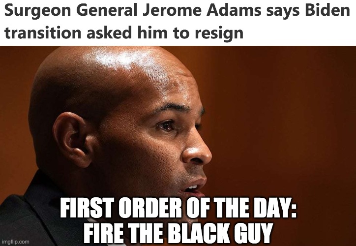 Joey Chiden is so woke, let's see what he'll do first. | FIRST ORDER OF THE DAY:
FIRE THE BLACK GUY | image tagged in joe biden,jerome adams | made w/ Imgflip meme maker