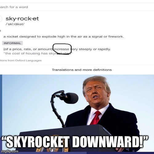 Inauguration Grammar Errors | “SKYROCKET DOWNWARD!” | image tagged in donald trump | made w/ Imgflip meme maker