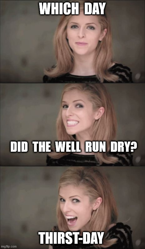 Bad Pun Anna Kendrick Meme | WHICH  DAY DID  THE  WELL  RUN  DRY? THIRST-DAY | image tagged in memes,bad pun anna kendrick | made w/ Imgflip meme maker