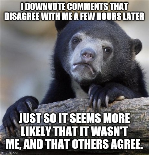 Confession Bear | I DOWNVOTE COMMENTS THAT DISAGREE WITH ME A FEW HOURS LATER; JUST SO IT SEEMS MORE LIKELY THAT IT WASN'T ME, AND THAT OTHERS AGREE. | image tagged in memes,confession bear,AdviceAnimals | made w/ Imgflip meme maker