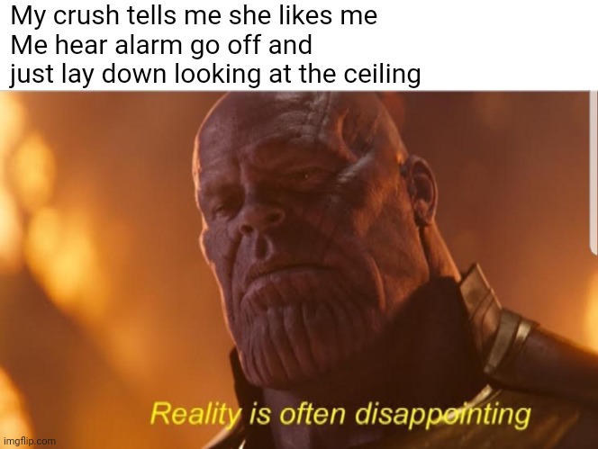 Reality is often disappointing | My crush tells me she likes me
Me hear alarm go off and just lay down looking at the ceiling | image tagged in reality is often disappointing,memes,when your crush | made w/ Imgflip meme maker