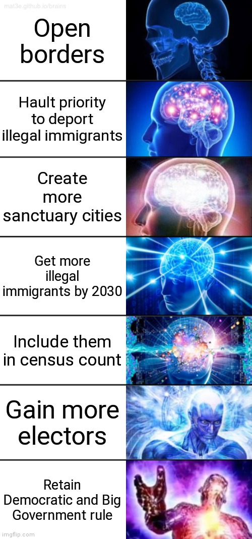 Biden's 10+ year Immigration Plan | Open borders; Hault priority to deport illegal immigrants; Create more sanctuary cities; Get more illegal immigrants by 2030; Include them in census count; Gain more electors; Retain Democratic and Big Government rule | image tagged in 7-tier expanding brain,joe biden,immigration,socialism,democrats | made w/ Imgflip meme maker