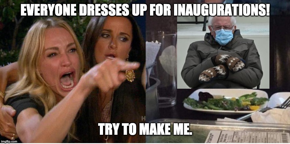 Bernie Inauguration Outfit | EVERYONE DRESSES UP FOR INAUGURATIONS! TRY TO MAKE ME. | image tagged in salad cat | made w/ Imgflip meme maker