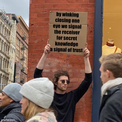 by winking closing one eye we signal the receiver for secret knowledge a signal of trust | image tagged in memes,guy holding cardboard sign | made w/ Imgflip meme maker