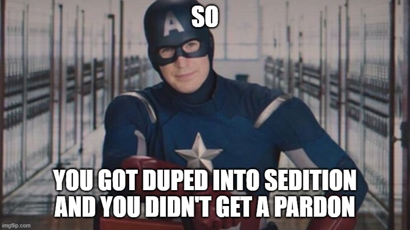 captain america so you | SO; YOU GOT DUPED INTO SEDITION AND YOU DIDN'T GET A PARDON | image tagged in captain america so you | made w/ Imgflip meme maker