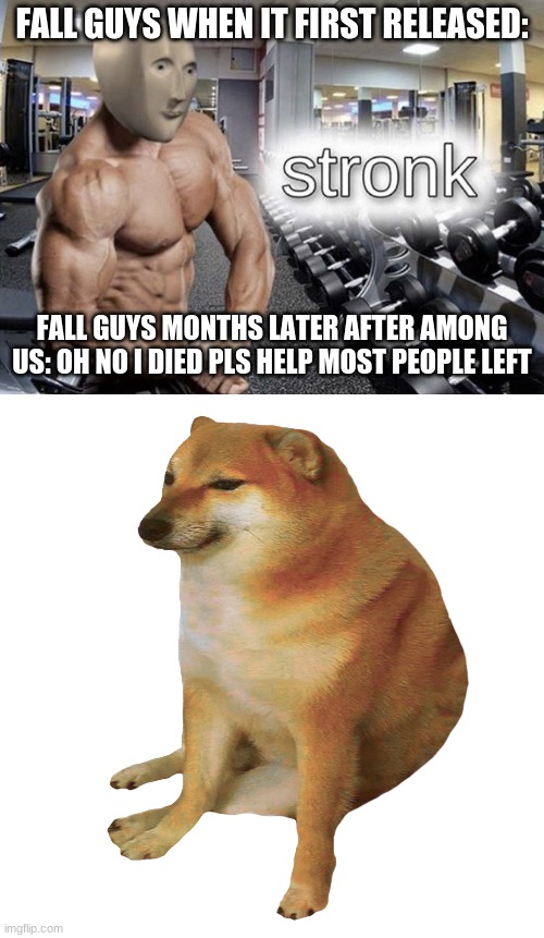it ded | FALL GUYS WHEN IT FIRST RELEASED:; FALL GUYS MONTHS LATER AFTER AMONG US: OH NO I DIED PLS HELP MOST PEOPLE LEFT | image tagged in meme man stronk,cheems | made w/ Imgflip meme maker