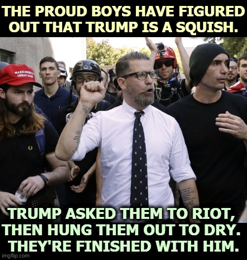 I've been telling you for years Trump is a squish. You shoulda listened. He'll betray anybody. | THE PROUD BOYS HAVE FIGURED OUT THAT TRUMP IS A SQUISH. TRUMP ASKED THEM TO RIOT, 
THEN HUNG THEM OUT TO DRY. 
THEY'RE FINISHED WITH HIM. | image tagged in gavin mcinnes,proud,boys,trump,fans,not | made w/ Imgflip meme maker