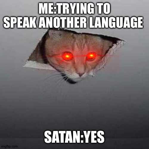 Ceiling Cat Meme | ME:TRYING TO SPEAK ANOTHER LANGUAGE; SATAN:YES | image tagged in memes,ceiling cat | made w/ Imgflip meme maker