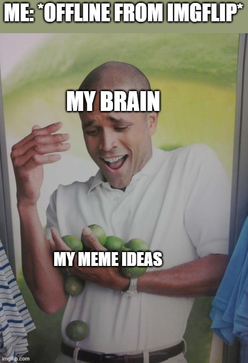 Omg im losing my meme ideas | ME: *OFFLINE FROM IMGFLIP*; MY BRAIN; MY MEME IDEAS | image tagged in memes,why can't i hold all these limes | made w/ Imgflip meme maker