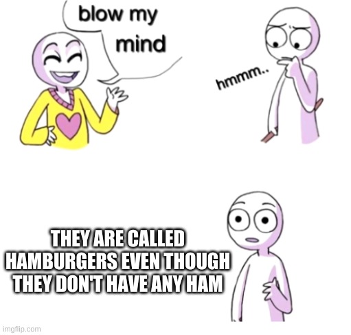 I know they are named after Hamburg, Germany, but the name is still misleading | THEY ARE CALLED HAMBURGERS EVEN THOUGH THEY DON'T HAVE ANY HAM | image tagged in blow my mind | made w/ Imgflip meme maker