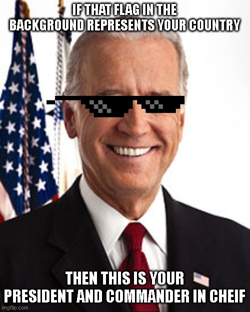 Joe Biden Meme | IF THAT FLAG IN THE BACKGROUND REPRESENTS YOUR COUNTRY THEN THIS IS YOUR PRESIDENT AND COMMANDER IN CHEIF | image tagged in memes,joe biden | made w/ Imgflip meme maker