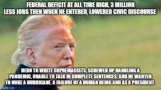 The end of an error | FEDERAL DEFICIT AT ALL TIME HIGH, 3 MILLION LESS JOBS THEN WHEN HE ENTERED, LOWERED CIVIC DISCOURSE; HERO TO WHITE SUPREMACISTS, SCREWED UP HANDLING A PANDEMIC, UNABLE TO TALK IN COMPLETE SENTENCES. AND HE WANTED TO NUKE A HURRICANE. A FAILURE OF A HUMAN BEING AND AS A PRESIDENT. | image tagged in donald trump,trump supporters,covid-19,republicans,racism | made w/ Imgflip meme maker