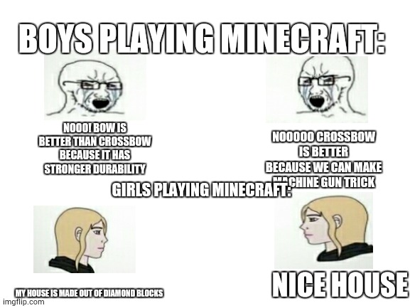 girls vs boys playing minecraft | BOYS PLAYING MINECRAFT:; NOOOOO CROSSBOW IS BETTER BECAUSE WE CAN MAKE MACHINE GUN TRICK; NOOO! BOW IS BETTER THAN CROSSBOW BECAUSE IT HAS STRONGER DURABILITY; GIRLS PLAYING MINECRAFT:; NICE HOUSE; MY HOUSE IS MADE OUT OF DIAMOND BLOCKS | image tagged in blank white template | made w/ Imgflip meme maker