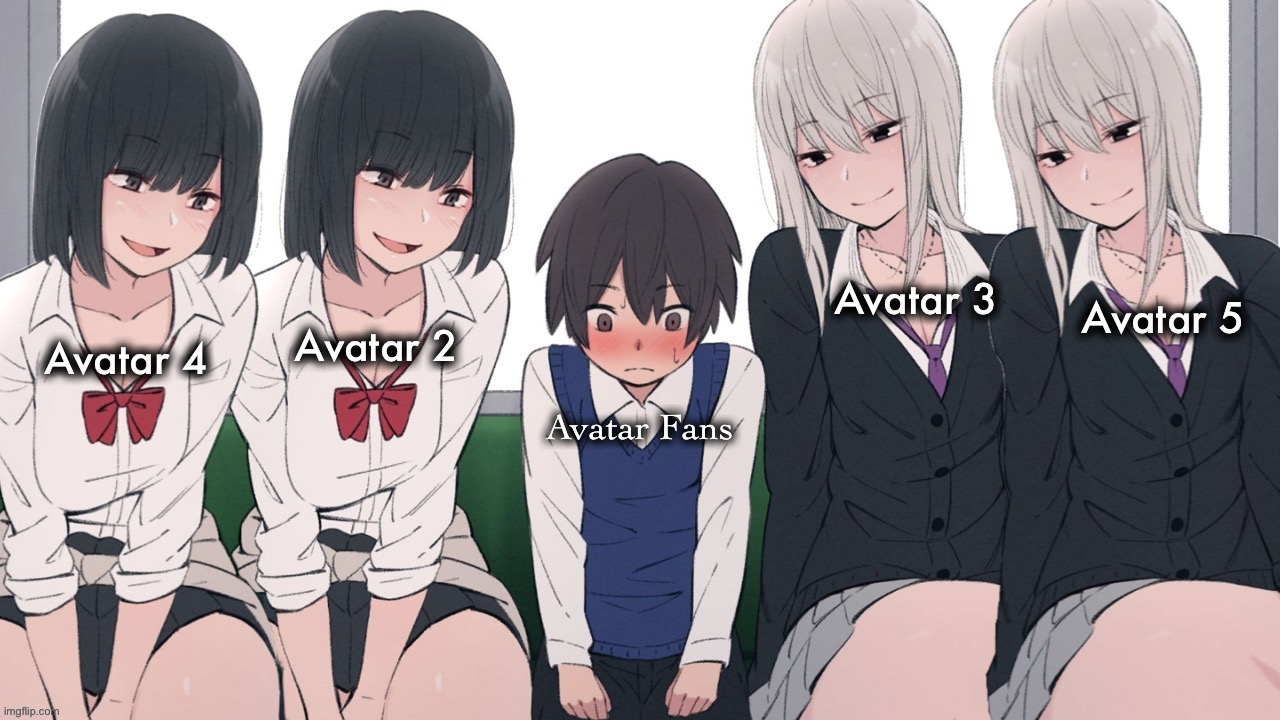 AVTR fans in a nutshell | Avatar meme. Avatar 2; Avatar 3; Avatar 4; Avatar 5; Avatar Fans; Avatar Movies | image tagged in avatar,avatar fans,in a nutshell,avatar sequels,science fiction,movies | made w/ Imgflip meme maker