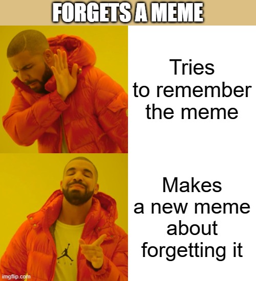 Forgetting a meme |  FORGETS A MEME; Tries to remember the meme; Makes a new meme about forgetting it | image tagged in memes,drake hotline bling | made w/ Imgflip meme maker