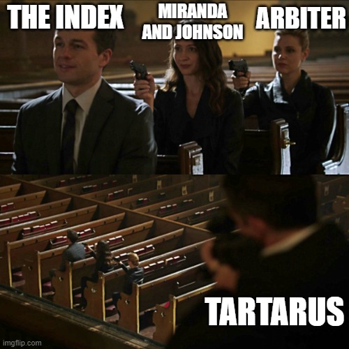the index is secure | ARBITER; MIRANDA AND JOHNSON; THE INDEX; TARTARUS | image tagged in assassination chain,halo | made w/ Imgflip meme maker