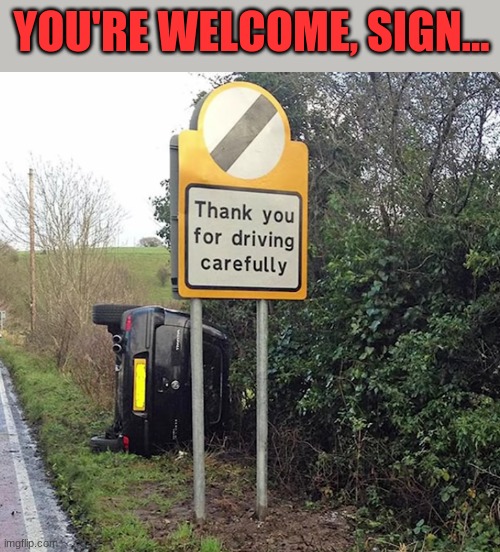 That's gonna be expensive insurance | YOU'RE WELCOME, SIGN... | image tagged in memes,fun,fails,coincidence | made w/ Imgflip meme maker