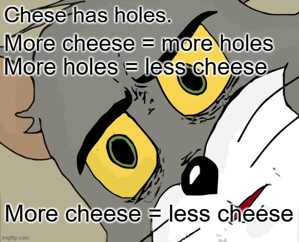 Cheese | Chese has holes. More cheese = more holes; More holes = less cheese; More cheese = less cheese | image tagged in memes,unsettled tom,cheese,conspiracy theory,funny,tom and jerry | made w/ Imgflip meme maker