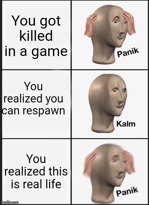 Fake world turn to real life | You got killed in a game; You realized you can respawn; You realized this is real life | image tagged in memes,panik kalm panik | made w/ Imgflip meme maker