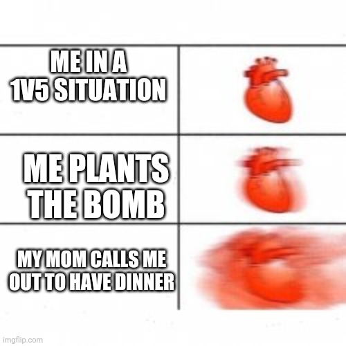 We all experienced this | ME IN A 1V5 SITUATION; ME PLANTS THE BOMB; MY MOM CALLS ME OUT TO HAVE DINNER | image tagged in panic,fails | made w/ Imgflip meme maker