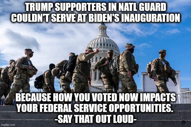 No Vote No Serve | TRUMP SUPPORTERS IN NATL GUARD COULDN'T SERVE AT BIDEN'S INAUGURATION; BECAUSE HOW YOU VOTED NOW IMPACTS
YOUR FEDERAL SERVICE OPPORTUNITIES. 
-SAY THAT OUT LOUD- | image tagged in service,washington dc,inauguration,2020 elections | made w/ Imgflip meme maker