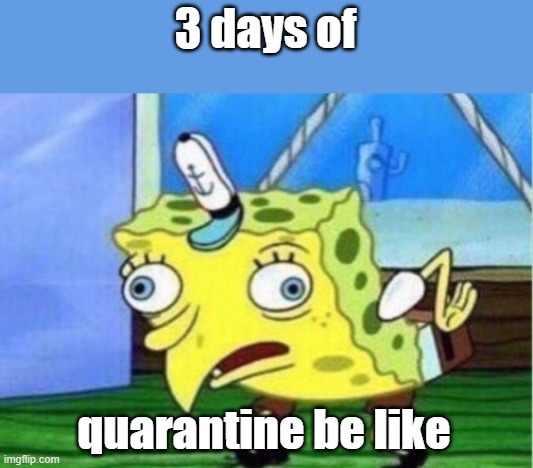 Mocking Spongebob | 3 days of; quarantine be like | image tagged in memes,mocking spongebob | made w/ Imgflip meme maker