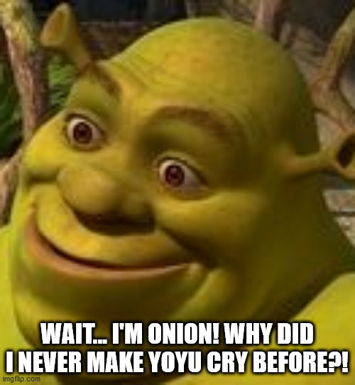 Shrek Face | WAIT... I'M ONION! WHY DID I NEVER MAKE YOYU CRY BEFORE?! | image tagged in shrek face | made w/ Imgflip meme maker