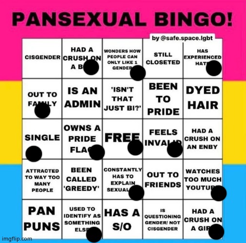 I put a dot for the ones I did/do/ have | image tagged in pansexual bingo | made w/ Imgflip meme maker