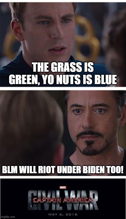 Marvel Civil War 1 Meme | THE GRASS IS GREEN, YO NUTS IS BLUE; BLM WILL RIOT UNDER BIDEN TOO! | image tagged in memes,marvel civil war 1 | made w/ Imgflip meme maker