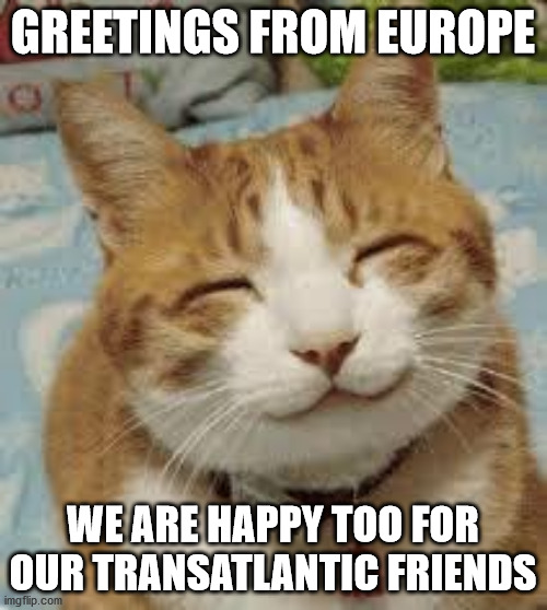 Happy cat | GREETINGS FROM EUROPE WE ARE HAPPY TOO FOR OUR TRANSATLANTIC FRIENDS | image tagged in happy cat | made w/ Imgflip meme maker