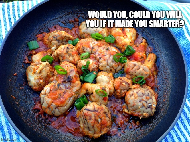 Yummy | WOULD YOU, COULD YOU WILL YOU IF IT MADE YOU SMARTER? | image tagged in fun | made w/ Imgflip meme maker
