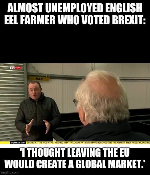 I thought Brexit would create a global market | ALMOST UNEMPLOYED ENGLISH EEL FARMER WHO VOTED BREXIT:; 'I THOUGHT LEAVING THE EU WOULD CREATE A GLOBAL MARKET.' | image tagged in brexit,european union,conservatives | made w/ Imgflip meme maker