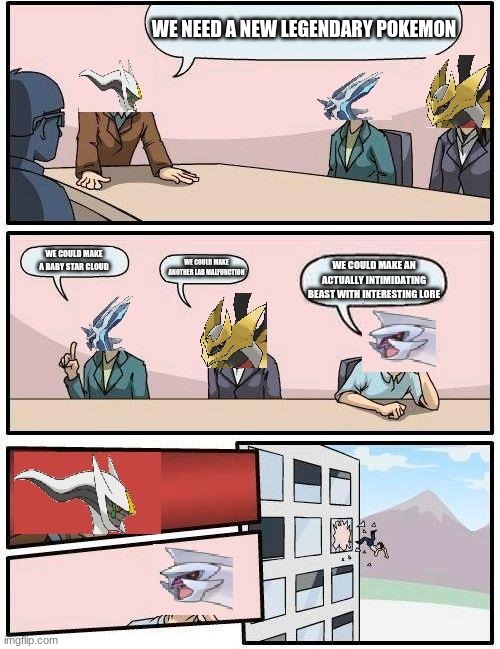 No no, he's got a point | WE NEED A NEW LEGENDARY POKEMON; WE COULD MAKE A BABY STAR CLOUD; WE COULD MAKE ANOTHER LAB MALFUNCTION; WE COULD MAKE AN ACTUALLY INTIMIDATING BEAST WITH INTERESTING LORE | image tagged in pokemon meeting suggestion | made w/ Imgflip meme maker