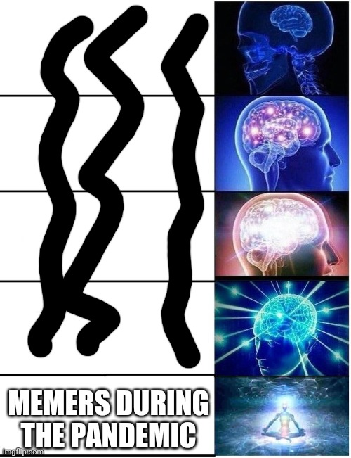 Expanding Brain 5 Panel | MEMERS DURING THE PANDEMIC | image tagged in expanding brain 5 panel | made w/ Imgflip meme maker