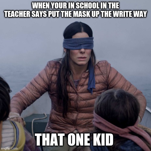 Bird Box Meme | WHEN YOUR IN SCHOOL IN THE TEACHER SAYS PUT THE MASK UP THE WRITE WAY; THAT ONE KID | image tagged in memes,bird box | made w/ Imgflip meme maker