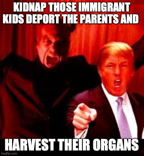 Donald Trump and Satan | KIDNAP THOSE IMMIGRANT KIDS DEPORT THE PARENTS AND; HARVEST THEIR ORGANS | image tagged in donald trump and satan | made w/ Imgflip meme maker