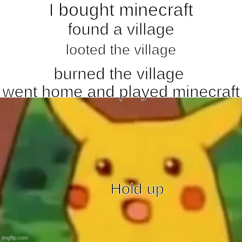 Surprised Pikachu | I bought minecraft; found a village; looted the village; burned the village; went home and played minecraft; Hold up | image tagged in memes,surprised pikachu | made w/ Imgflip meme maker