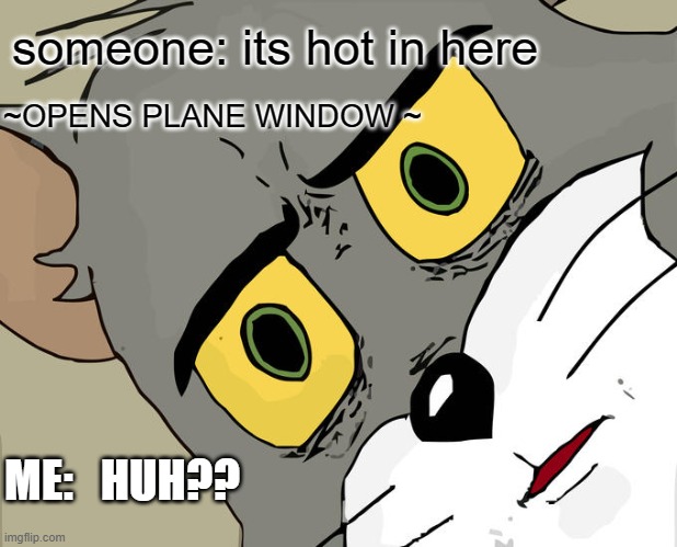 Unsettled Tom | someone: its hot in here; ~OPENS PLANE WINDOW ~; ME:   HUH?? | image tagged in memes,unsettled tom | made w/ Imgflip meme maker