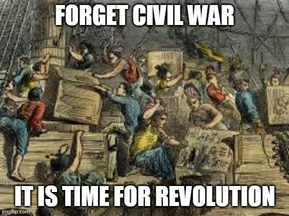Tea Party |  FORGET CIVIL WAR; IT IS TIME FOR REVOLUTION | image tagged in tea party | made w/ Imgflip meme maker