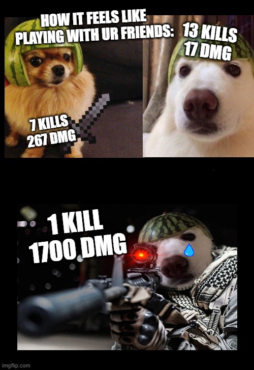 Friends killsteal all the time | HOW IT FEELS LIKE PLAYING WITH UR FRIENDS:; 13 KILLS
17 DMG; 7 KILLS
267 DMG; 1 KILL
1700 DMG | image tagged in funny,memes,fun,gaming,funny dogs,dogs | made w/ Imgflip meme maker