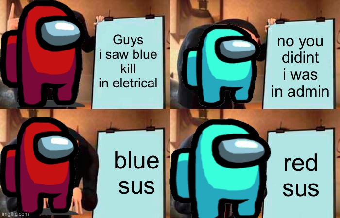 this is basically among us | Guys i saw blue kill in eletrical; no you didint i was in admin; blue sus; red sus | image tagged in memes,gru's plan,among us meeting,among us memes,among us | made w/ Imgflip meme maker